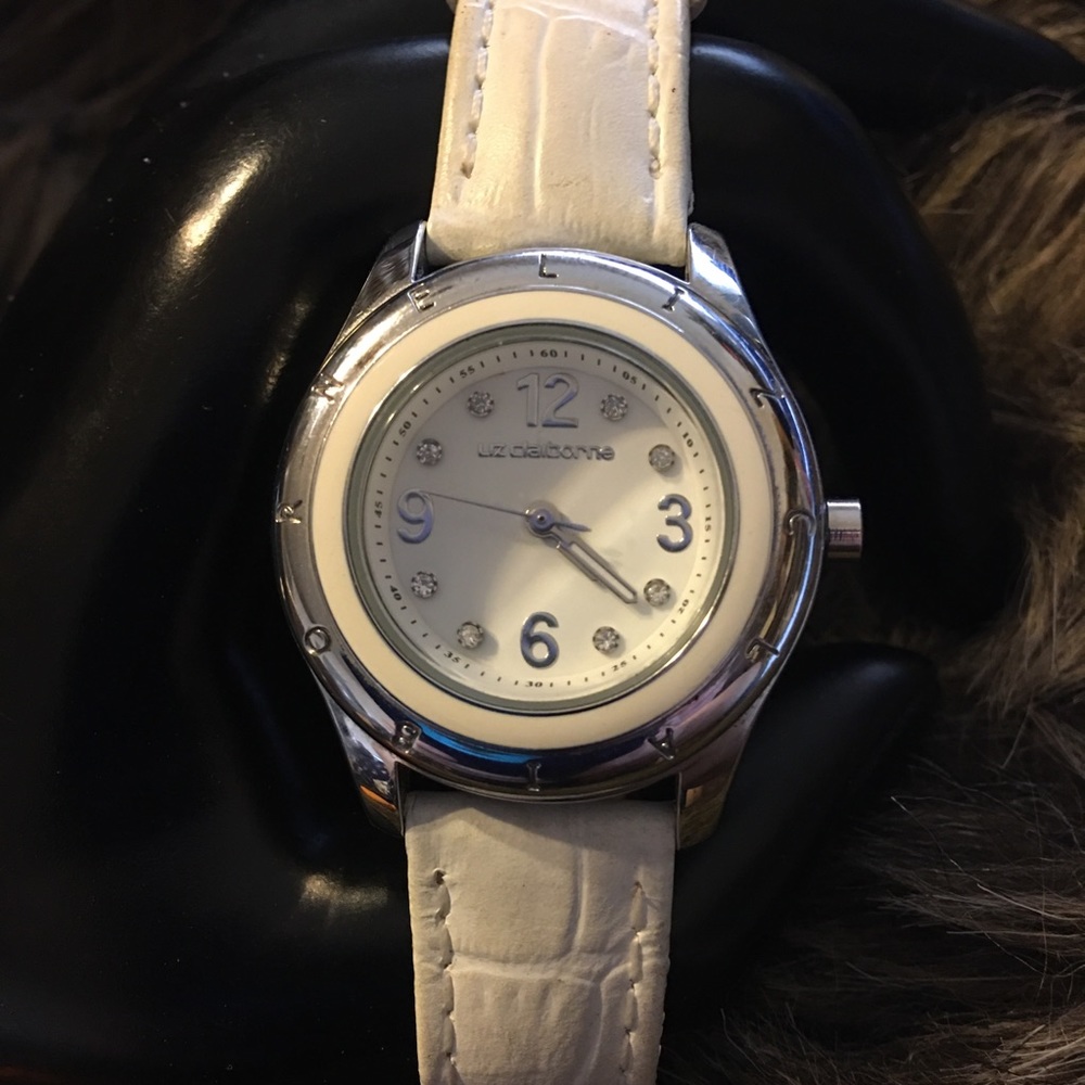Liz Claiborne crystal white leather band watch